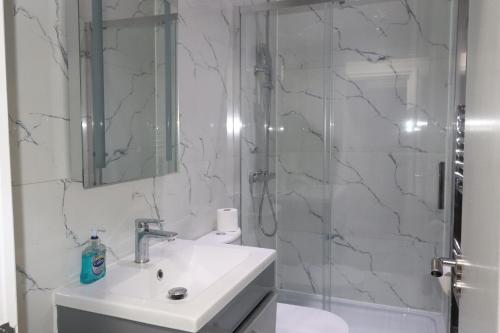 a bathroom with a sink and a shower at Ground Floor 1 Bed Flat Dartford- 1 - Fully Equipped - Fibre Wifi in Dartford