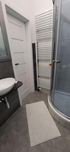 a bathroom with a shower and a toilet and a sink at Studio apartmán Kežmarok in Kežmarok