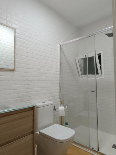 a bathroom with a toilet and a glass shower at El Yate Sol y Mar in Aguadulce