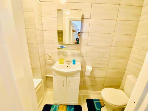 La salle de bains est pourvue d'un lavabo, de toilettes et d'un miroir. dans l'établissement Two Bedroom Property in Central London, à Londres