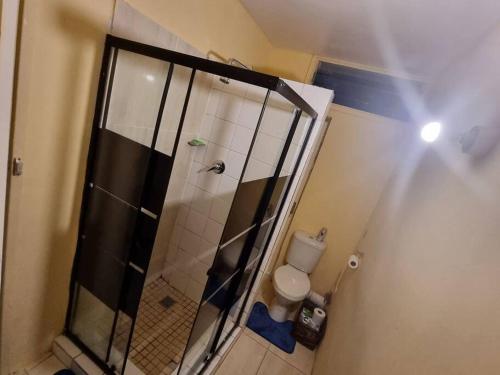 a bathroom with a shower and a toilet at 56 ArcherCrescent Cottage in Durban