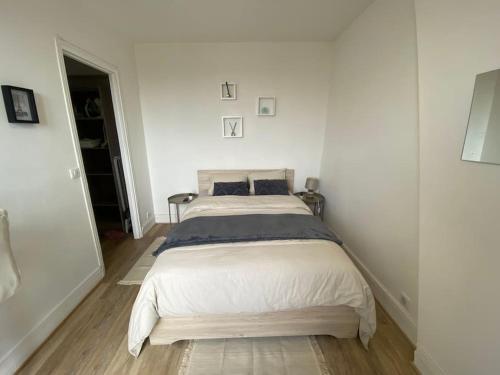 ein weißes Schlafzimmer mit einem großen Bett darin in der Unterkunft Petit Cosy Aux Portes de Paris, En Face Du M 13 in Asnières-sur-Seine
