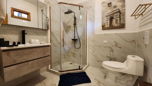 a bathroom with a shower and a toilet and a sink at DUBAI by luxury Atitlan in San Pedro La Laguna