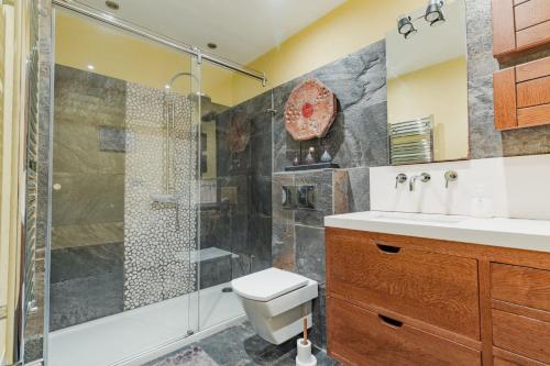 een badkamer met een douche, een toilet en een wastafel bij La terrazuca in Santander