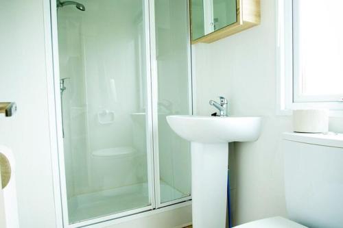 een witte badkamer met een douche en een wastafel bij Recreatiepark Duinhoeve 9 in Udenhout