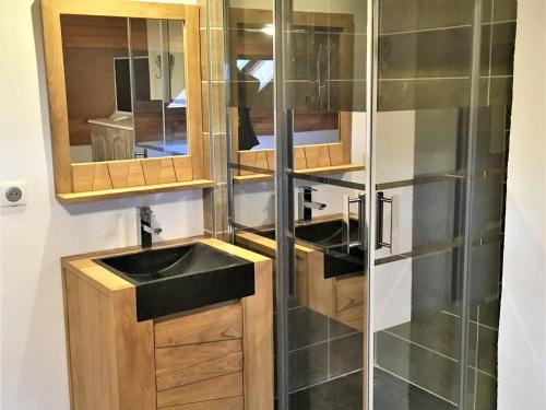 une salle de bain avec un lavabo et une douche dans l'établissement Chalet cosy 4* à 100m des pistes, avec sauna, WIFI et parking privé - FR-1-267-269, à Villarembert