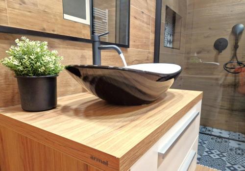 a bathroom with a black sink and a plant at Holiday home Melani - with private heated pool and sauna in Sinac