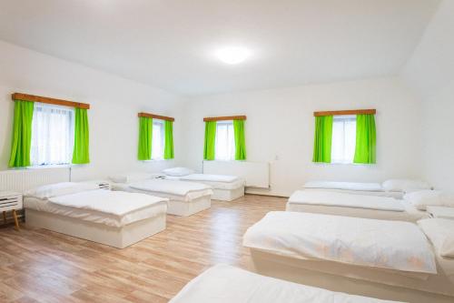 Cette chambre comprend 4 lits et des fenêtres vertes. dans l'établissement Turistická chata Nesnídalka, 
