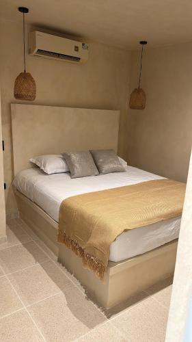 ein Bett in einem Schlafzimmer mit zwei Kissen darauf in der Unterkunft Casa Gali in Ríohacha