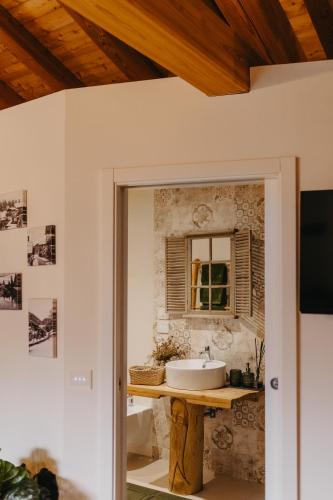 a bathroom with a sink and a mirror at Odomi maso nel bosco - Eleganza e Relax nella Natura in Sant'Orsola Terme