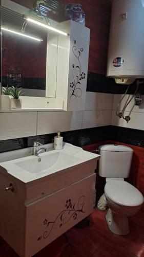 La salle de bains est pourvue d'un lavabo blanc et de toilettes. dans l'établissement Къща под наем-нощувки, à Targovichté