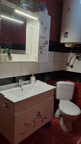 a bathroom with a white sink and a toilet at Къща за гости Иванови in Targovishte