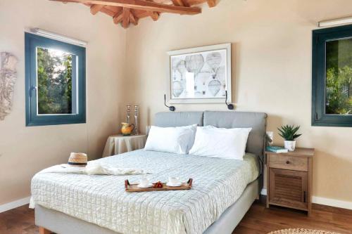 a bedroom with a bed and two windows at Villa Zinnia in Skiathos