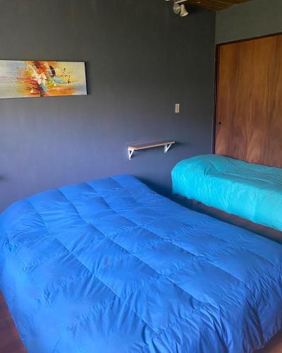 2 Betten in einem Zimmer mit blauer Bettwäsche in der Unterkunft HOSTEL PEHUENIA in El Bolsón
