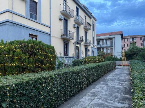 a sidewalk in front of a building with a hedge at Deodato Guest House in Catania