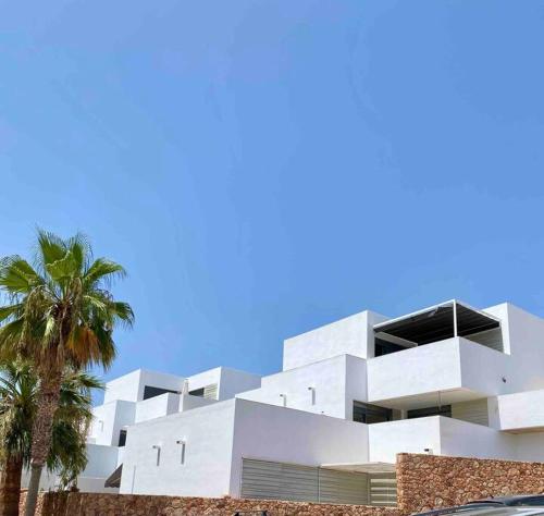 a white building with a palm tree in front of it at Villa Hélice - Moderno apartamento en Cabo de Gata in Las Negras