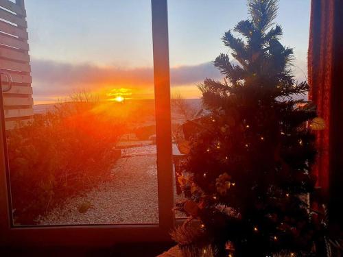 a christmas tree in front of a window with a sunset at The Studio at Stoodley Pike View in Todmorden