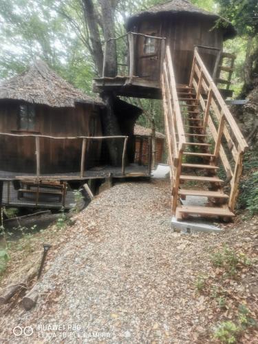 a staircase leading to a house with a thatched roof at Les Cabanes de Brassac in Brassac