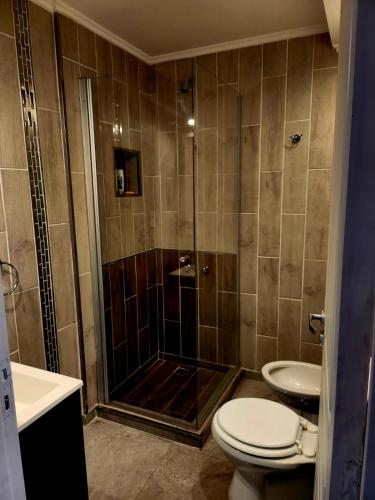 a bathroom with a shower and a toilet and a sink at F&E Apartment in Necochea