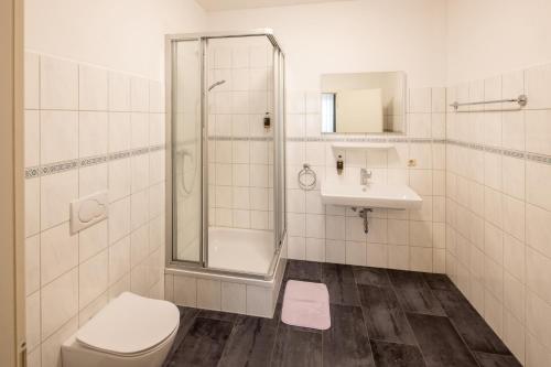 a bathroom with a shower and a toilet and a sink at Hotel Schwanen in Memmingen