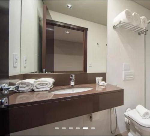 a bathroom with a sink and a mirror and a toilet at Quarto no Hotel Laghetto Stillo da Borges in Gramado