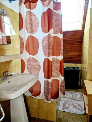 une salle de bain avec un lavabo et un rideau de douche dans l'établissement Le Casimir, Maison de campagne à Estaing, à Estaing
