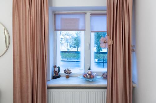 a window with a bowl of fruit on a window sill at Vintage Apartament Ultracentral in Craiova