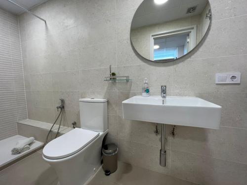 a bathroom with a toilet and a sink and a mirror at Carbonell 1 in Valencia