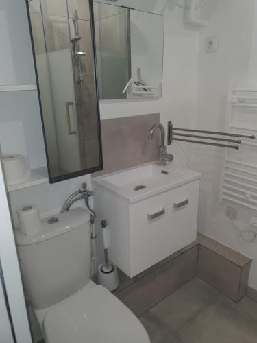 une salle de bain avec toilettes, lavabo et miroir dans l'établissement Quatro la corniche, à Sète