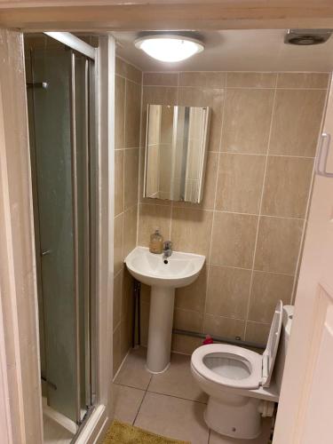 a bathroom with a toilet and a sink at River Walk Canterbury in Kent