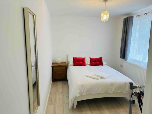 a bedroom with a bed with red pillows and a mirror at Milne House in Oxford