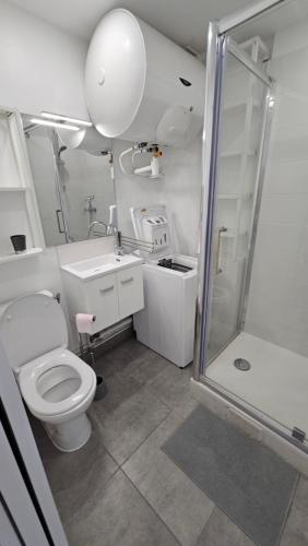 une salle de bain avec une douche, des toilettes et un lavabo dans l'établissement Quatro Venusia, à Sète