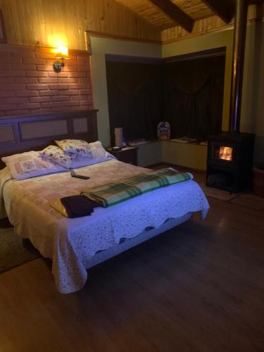 1 dormitorio con 1 cama y chimenea en Casa de Campo, en Temuco