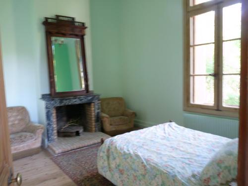 a bedroom with a bed and a mirror and a chair at Chateau la Bouriette in Moussoulens