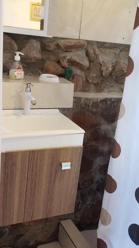 a bathroom with a sink and a stone wall at Cabaña en el campo in Tacuarembó