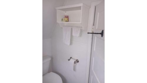 a white bathroom with a toilet and a sink at Studio Penthouse in Victorian near University of Arkansas, Wilson Park and Razorback Greenway, Nature and Bike Trail in Fayetteville