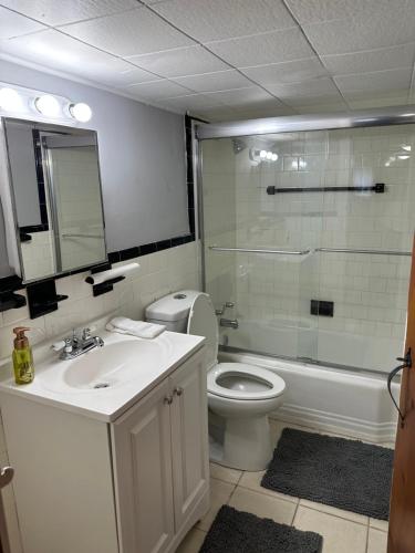 a bathroom with a sink and a toilet and a shower at Macemia Place LLC in Baltimore