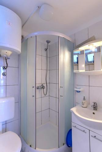 a bathroom with a shower and a toilet and a sink at Apartments by the sea Korcula - 9321 in Korčula