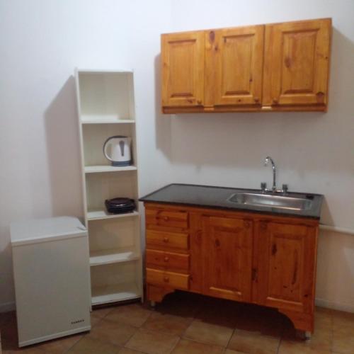 a kitchen with a sink and a refrigerator at Amplio departamento zona centro in Paraná