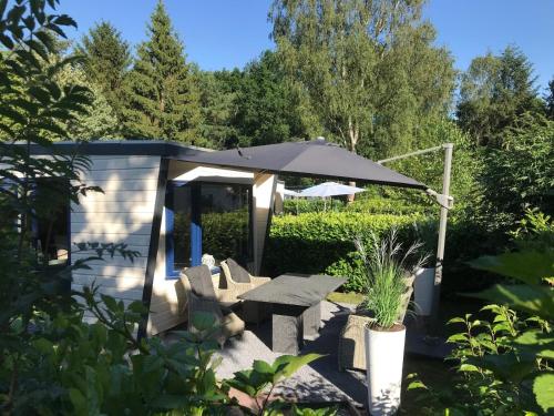 a garden with a table and an umbrella at Chalet Veluwe G10 Veldkamp 4 Personen in Epe