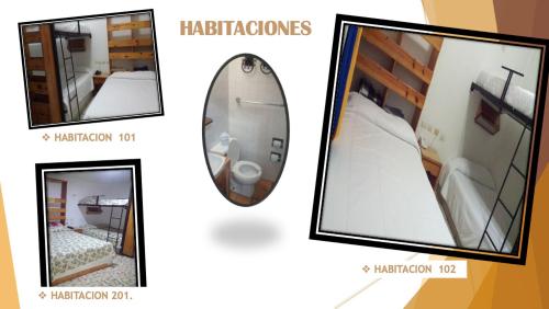 a collage of three pictures of a bedroom and a mirror at Hostal de Escandón in Ciudad Victoria