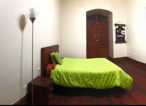 a bedroom with a bed with a green bedspread at HOSPEDAJE las PRIMICIAS RIOBAMBA 105 in Riobamba