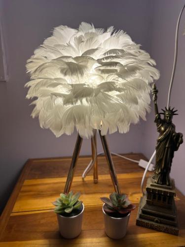 a white lamp on a table with two plants at Heaven Guesthouse in Pakse