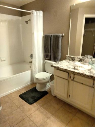 a bathroom with a toilet and a shower and a sink at Cozy Condo in Gated Community with Pool by PHX Airport, Tempe, and Old Town in Phoenix