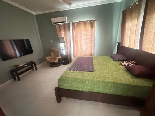 a bedroom with a green bed and a television at RICHGIFT HOMES in New Weija