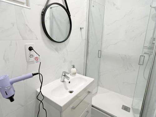 une salle de bain avec un lavabo et un miroir dans l'établissement Bel appartement au Marais de Paris, à Paris