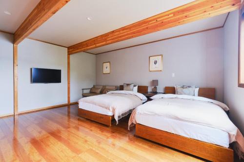 a bedroom with two beds and a flat screen tv at Monterey House by SANA in Tateyama