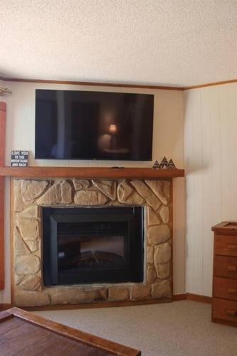 a fireplace with a flat screen tv on top of it at Evergreen Escape At Snowshoe in Snowshoe