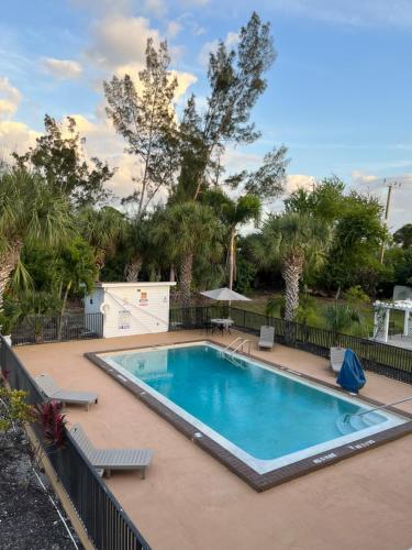 a swimming pool in a yard with trees at Budget Inn in Punta Gorda