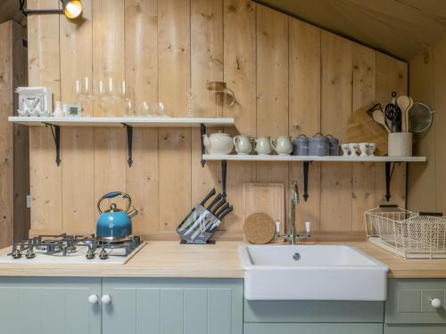 a kitchen with a sink and a stove and wooden walls at Lime Kiln Lodge - Ukc6262 in Castle Cary